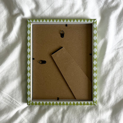 back view of a handmade patterned fabric picture frame showcasing wall fittings and frame structure