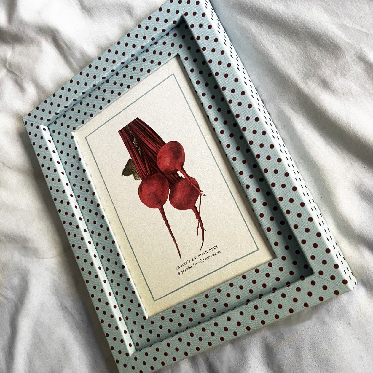 Framed botanical print of red flowers on a textured surface