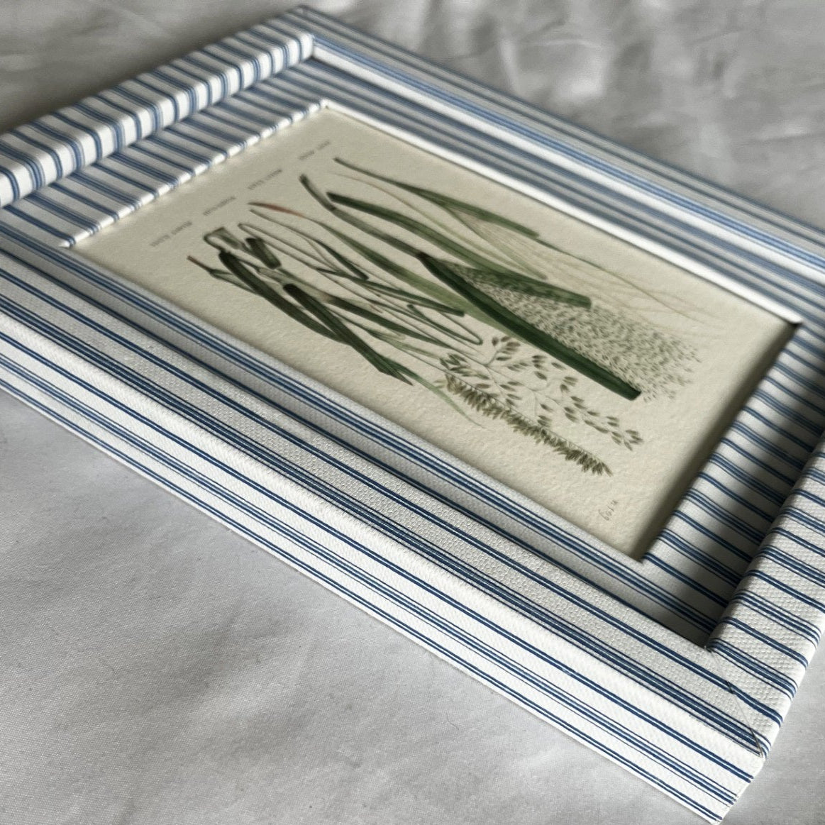 Side angle of framed Forage Grasses botanical artwork highlighting the handcrafted Rustic Stripe Blue frame design