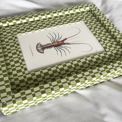 Side angle of framed Langoustine Bordée illustration with handcrafted green and beige checkered cotton frame.