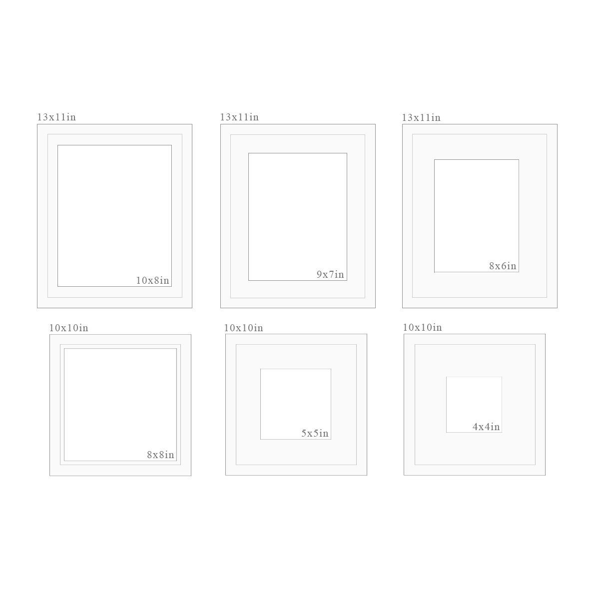 Set of white picture frames with dimensions labeled on a white background