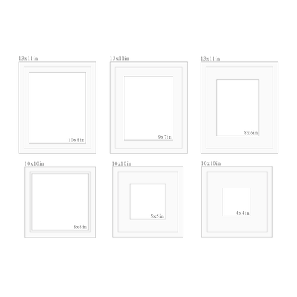 Set of white picture frames with dimensions labeled on a white background