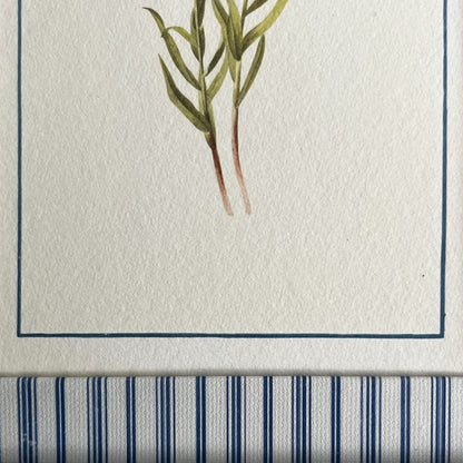Close-up of Lilium Columbianum botanical floral print in Rustic Blue Stripe frame showing floral detail and cotton texture