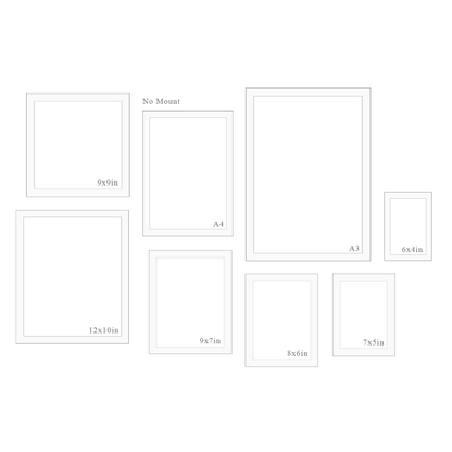 Illustration of various photo frame sizes on a white background