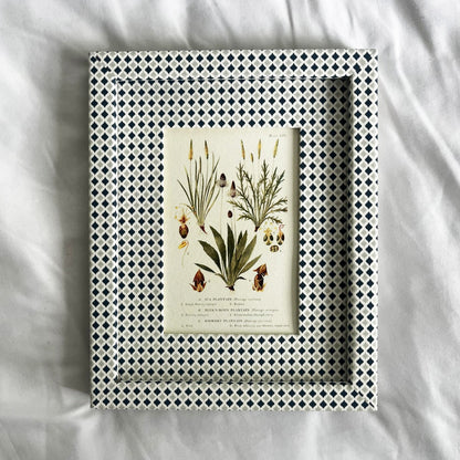 Full view of the Plantago botanical print displayed in a 10x8 inch  Navy & Mist Blue Zellige frame with blue and grey tones, on a textured linen background.