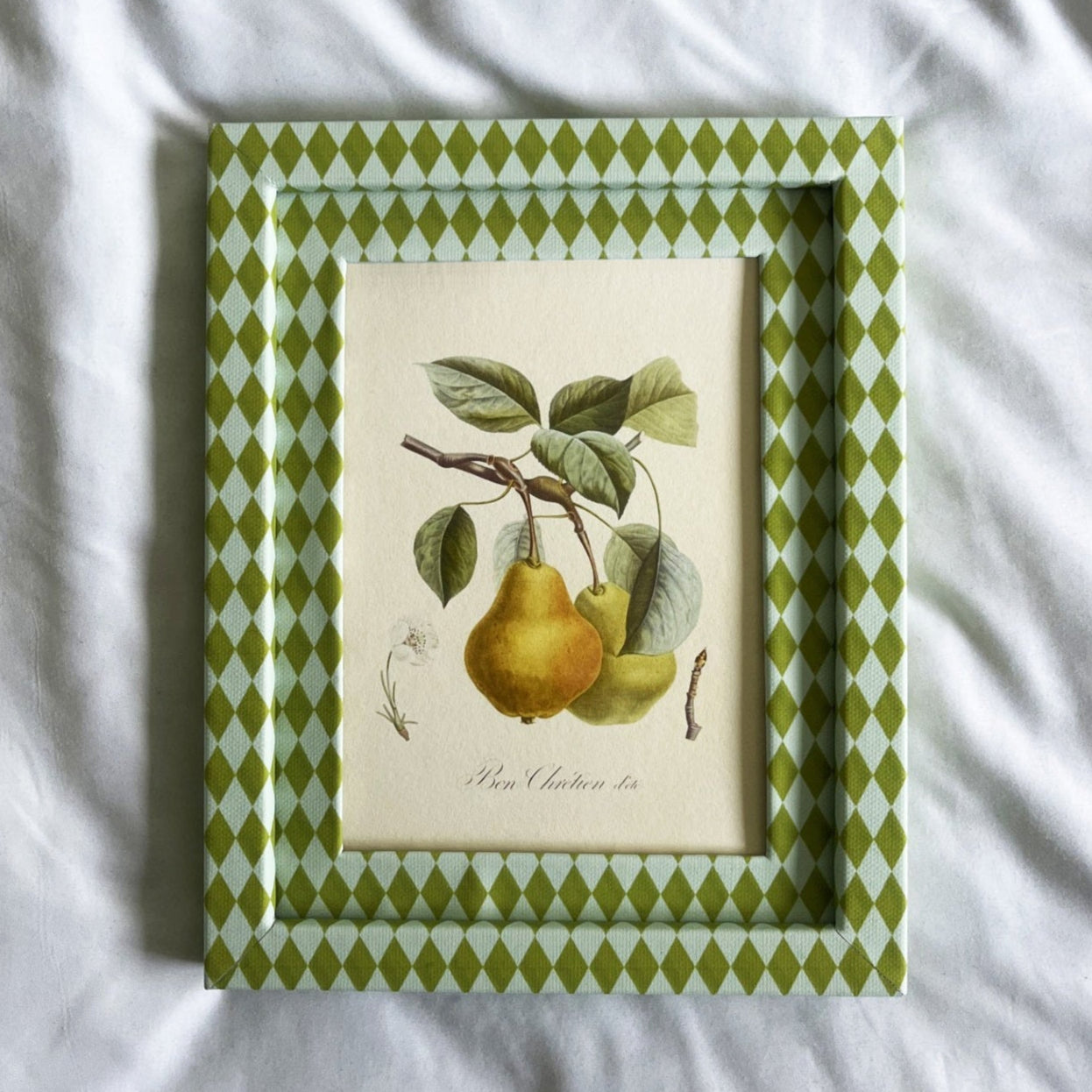 Full view of Bon Chrétien d’Été pear fruit print in Chartreuse green & Frost blue Harlequin 10x8in frame.