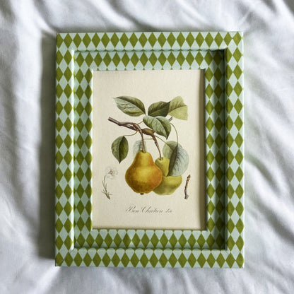 Full view of Bon Chrétien d’Été pear fruit print in Chartreuse green & Frost blue Harlequin 10x8in frame.