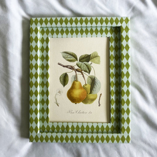 Full view of Bon Chrétien d’Été pear fruit print in Chartreuse green & Frost blue Harlequin 10x8in frame.