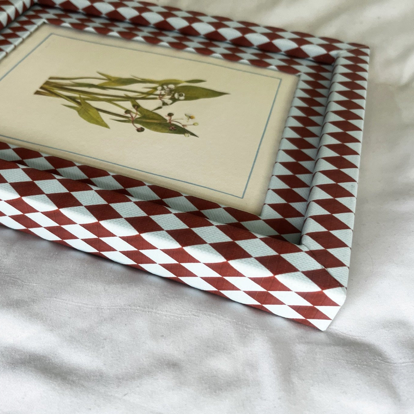 Angled view showing the artisanal cotton-wrapped Burgundy & Blue Harlequin frame with Sagittaria Cuneata print