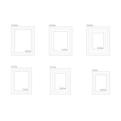 Set of 6 white picture frames with dimensions labeled on a white background
