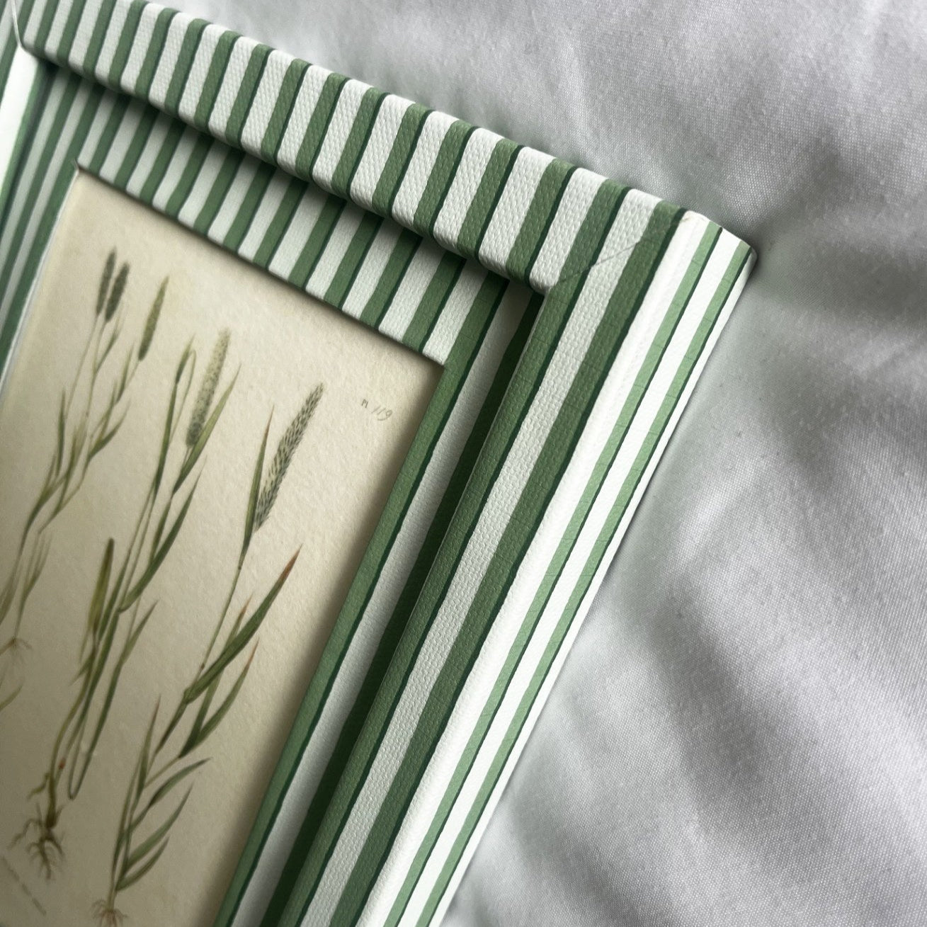 Detail of the 100% cotton hand-wrapped frame and 19th-century Vulpin des Prés plant artwork